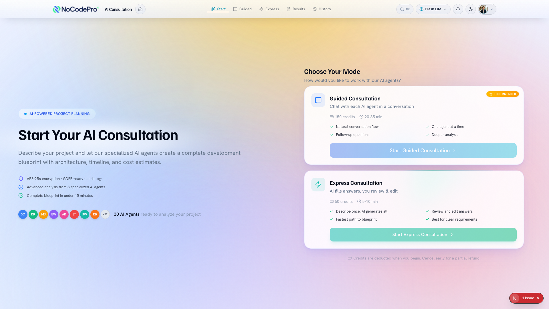 The two consultation modes — Guided and Express — on the start screen