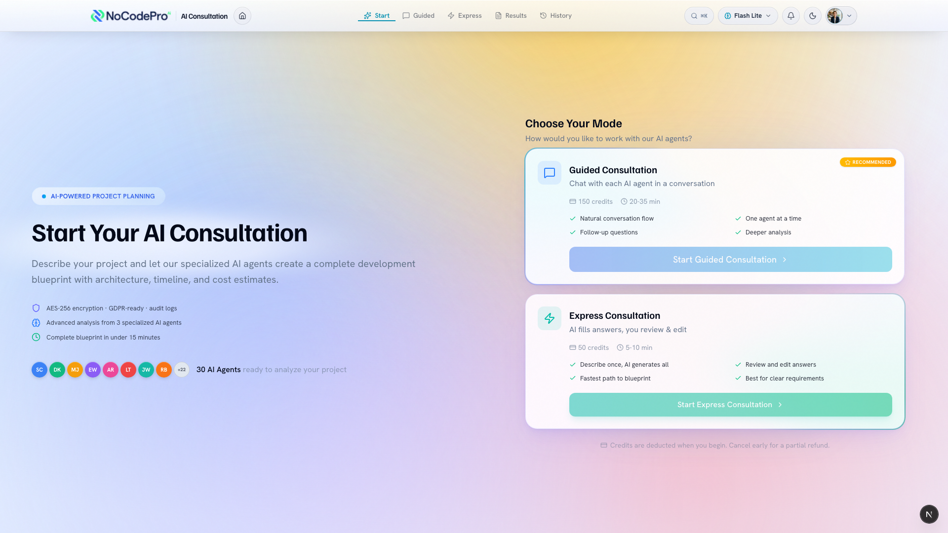 The consultation start screen showing the Guided and Express modes