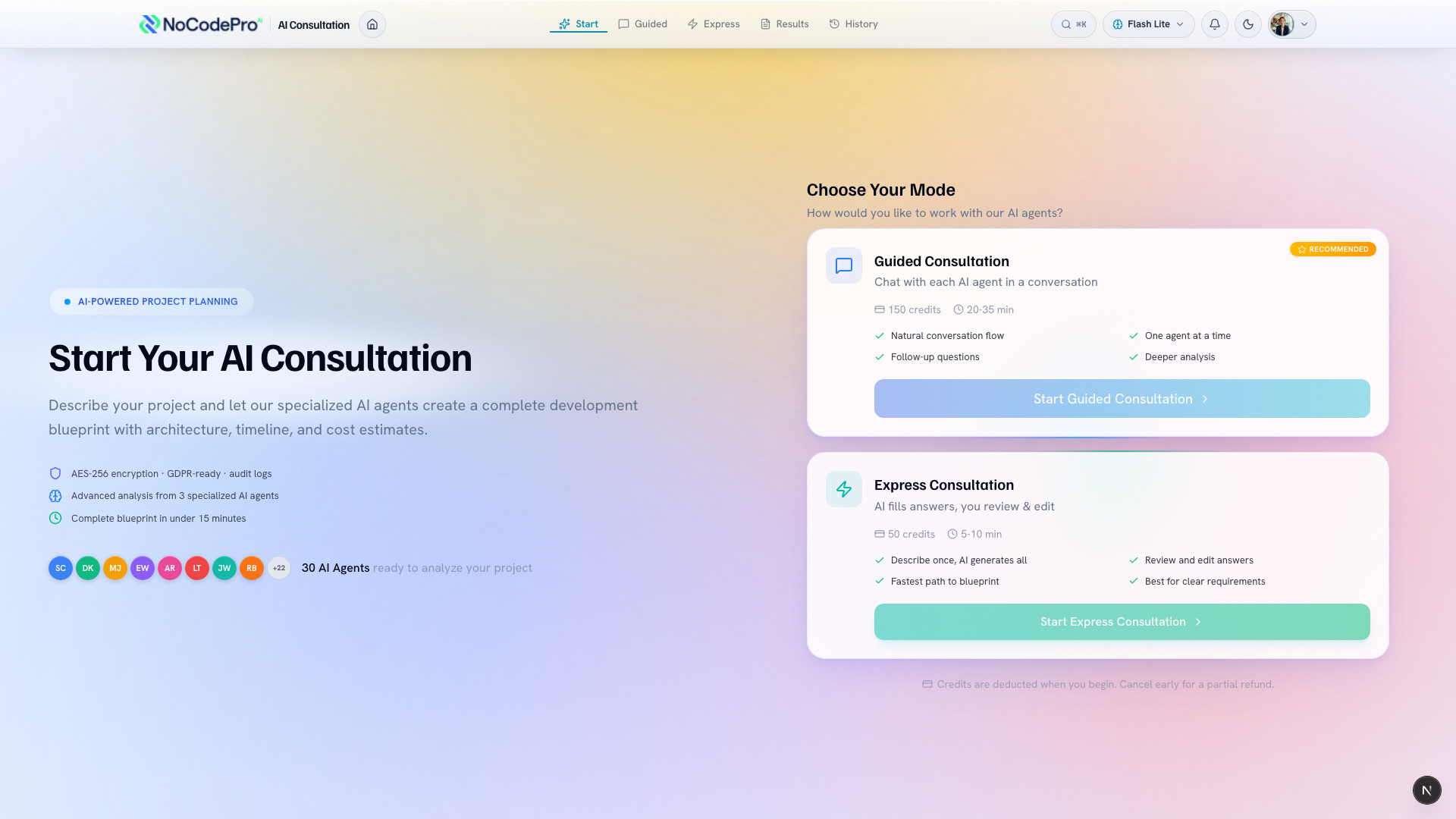 The consultation start screen with the Guided and Express options