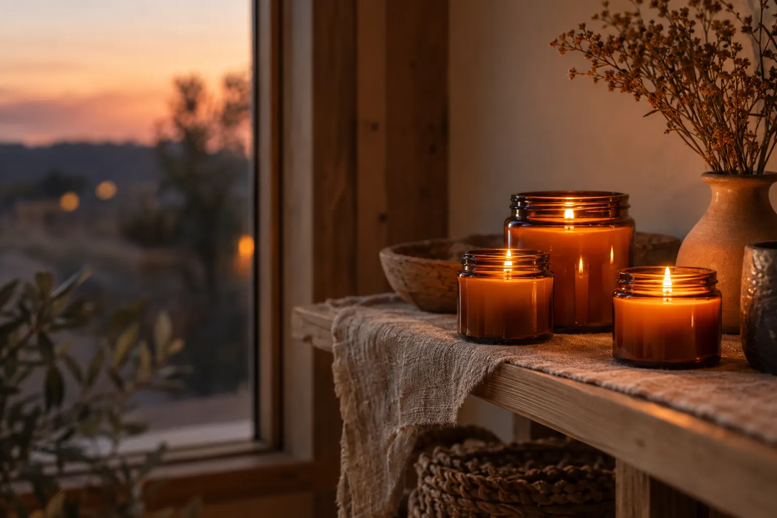 Lit amber candles on a linen shelf by a dusk window